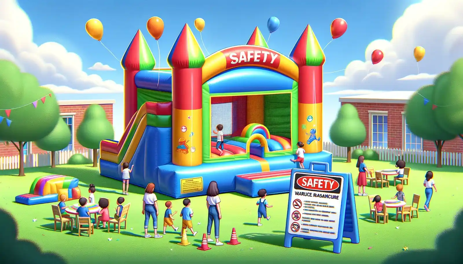 image d'un panneau de sécurité devant un château gonflable géant
