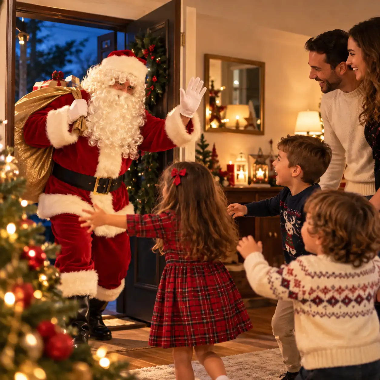 Location de Père Noël à domicile avec une famille heureuse